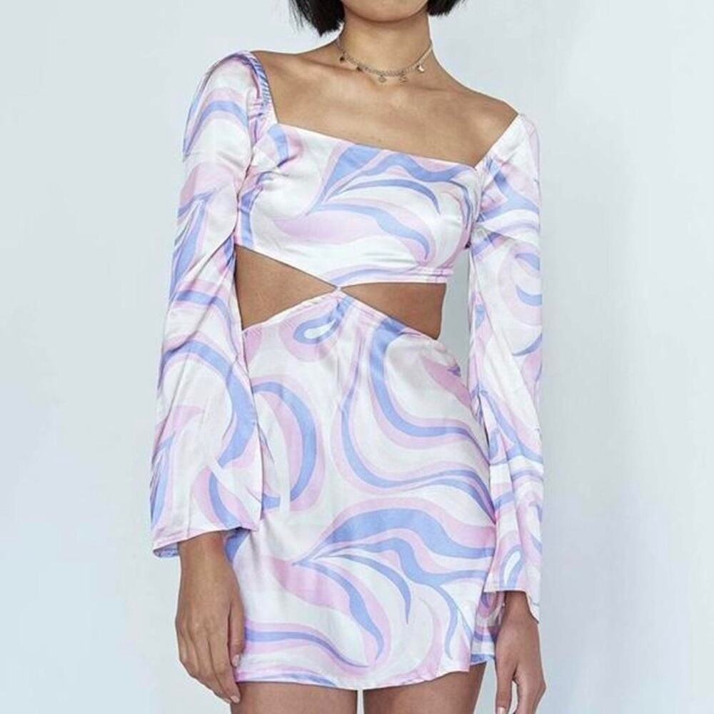 Princess Polly Retro Swirly Cut Out Long Bell Sleeve Open Back Mini Dress Size 8